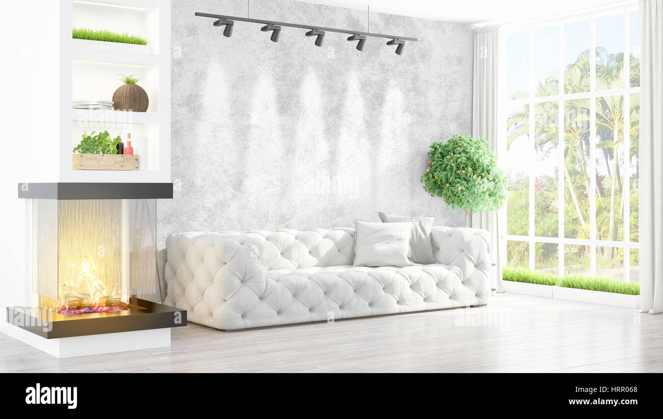 Beautiful modern living room interior with fireplace. 3D rendering ...