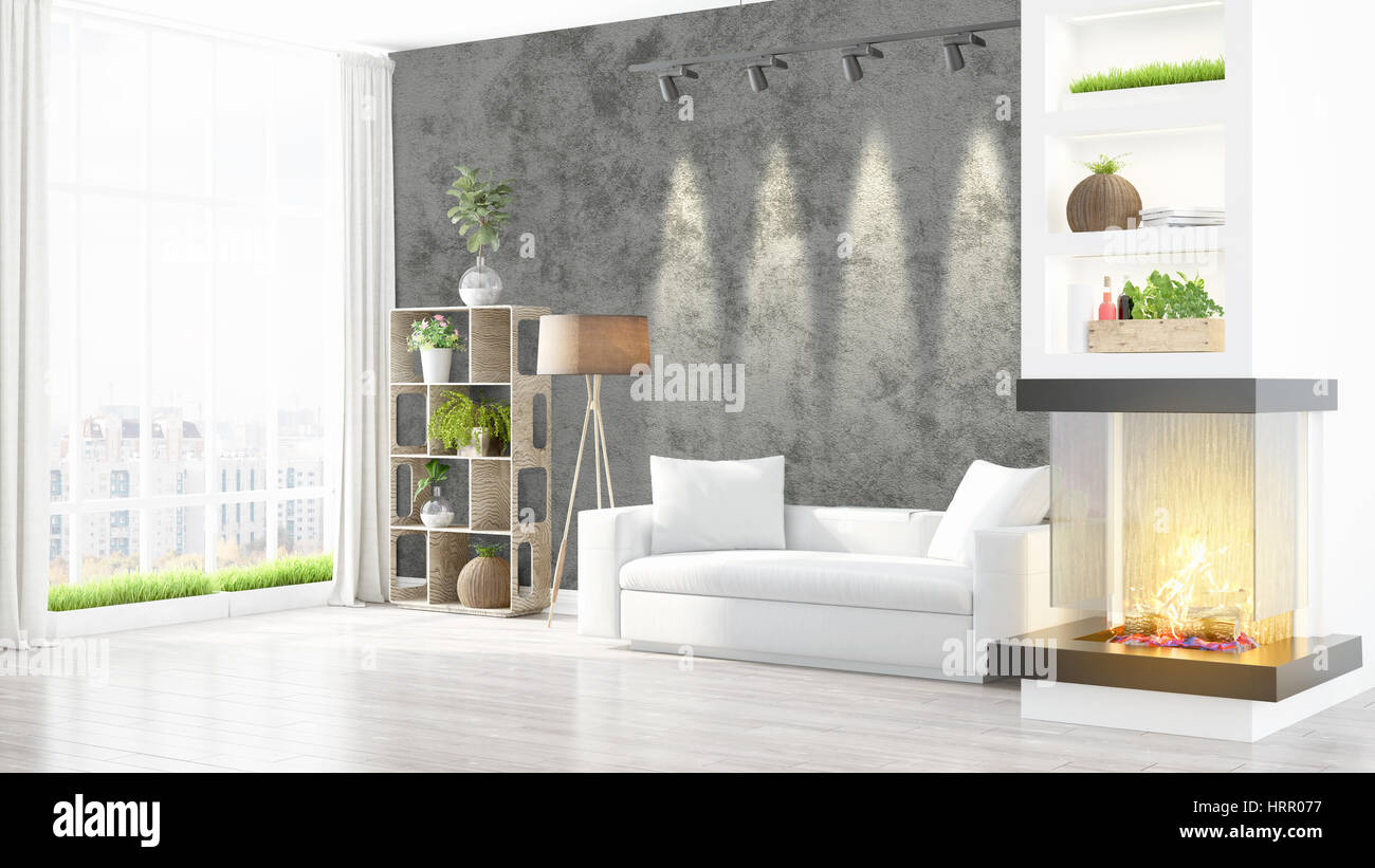 Beautiful modern living room interior with fireplace. 3D rendering ...