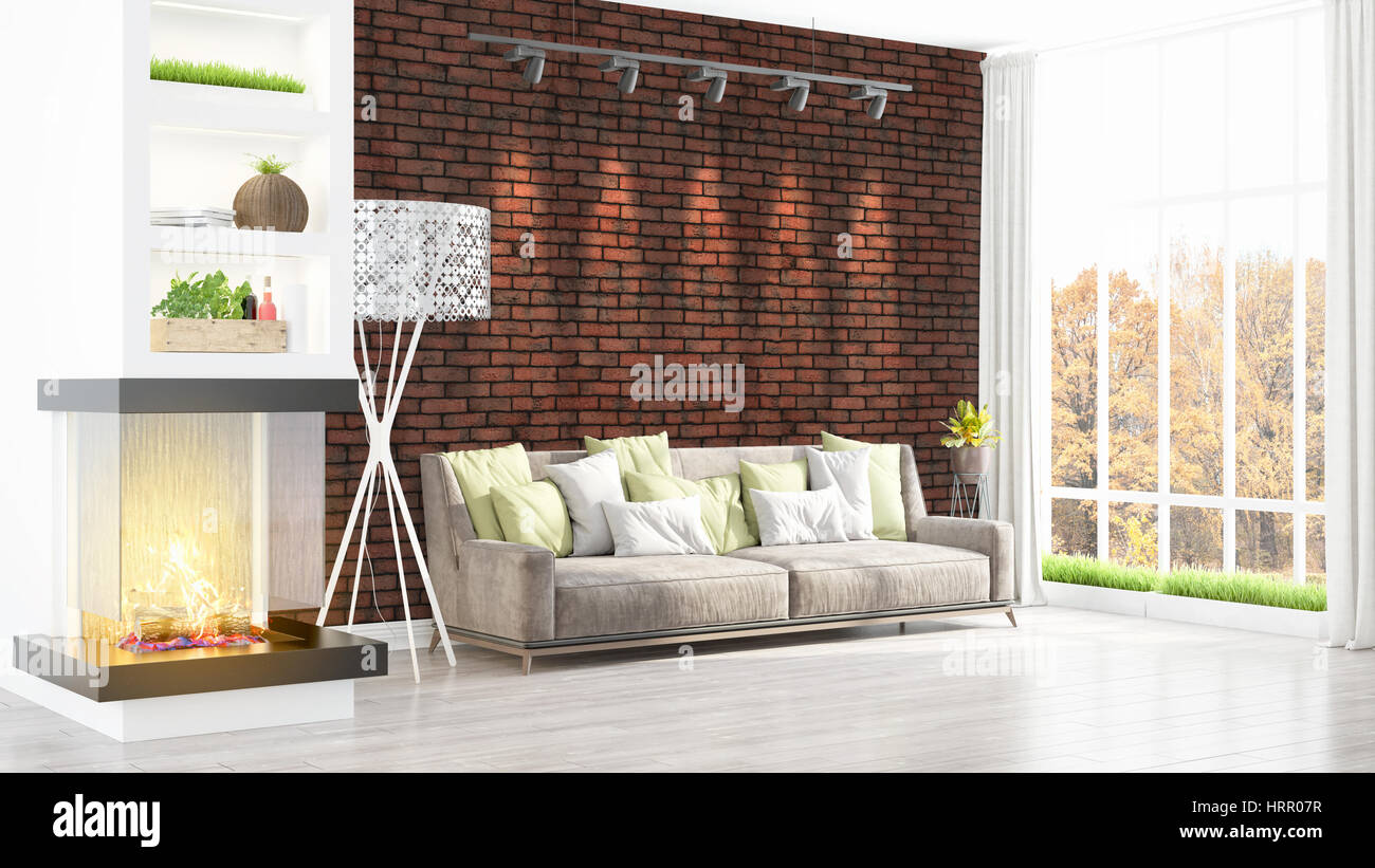 Beautiful modern living room interior with fireplace. 3D rendering ...
