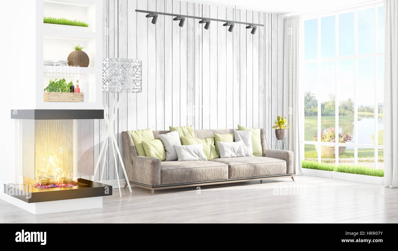 Beautiful modern living room interior with fireplace. 3D rendering ...