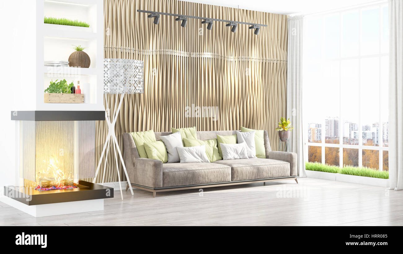 Beautiful modern living room interior with fireplace. 3D rendering ...