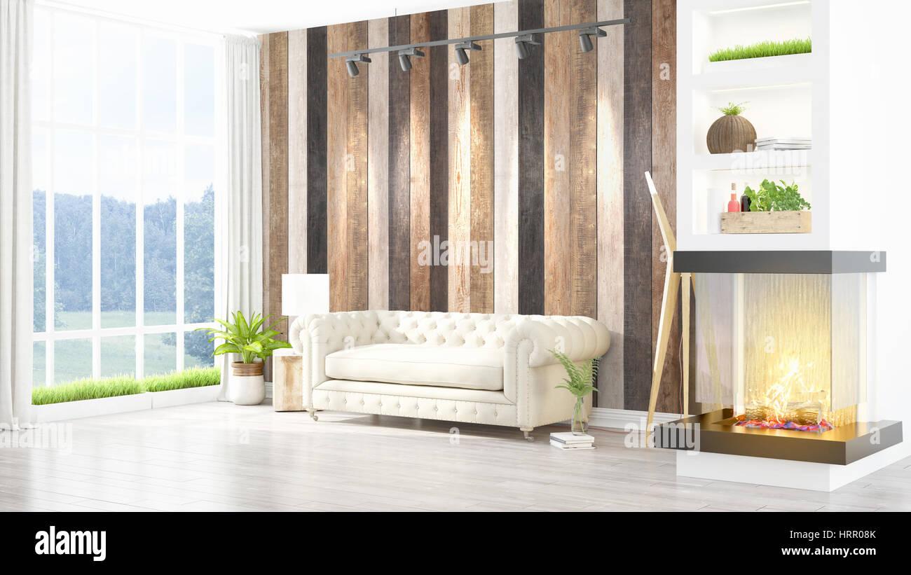 Beautiful modern living room interior with fireplace. 3D rendering ...