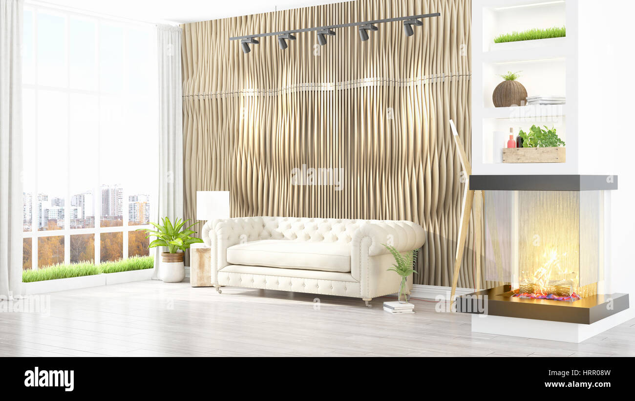 Beautiful modern living room interior with fireplace. 3D rendering ...