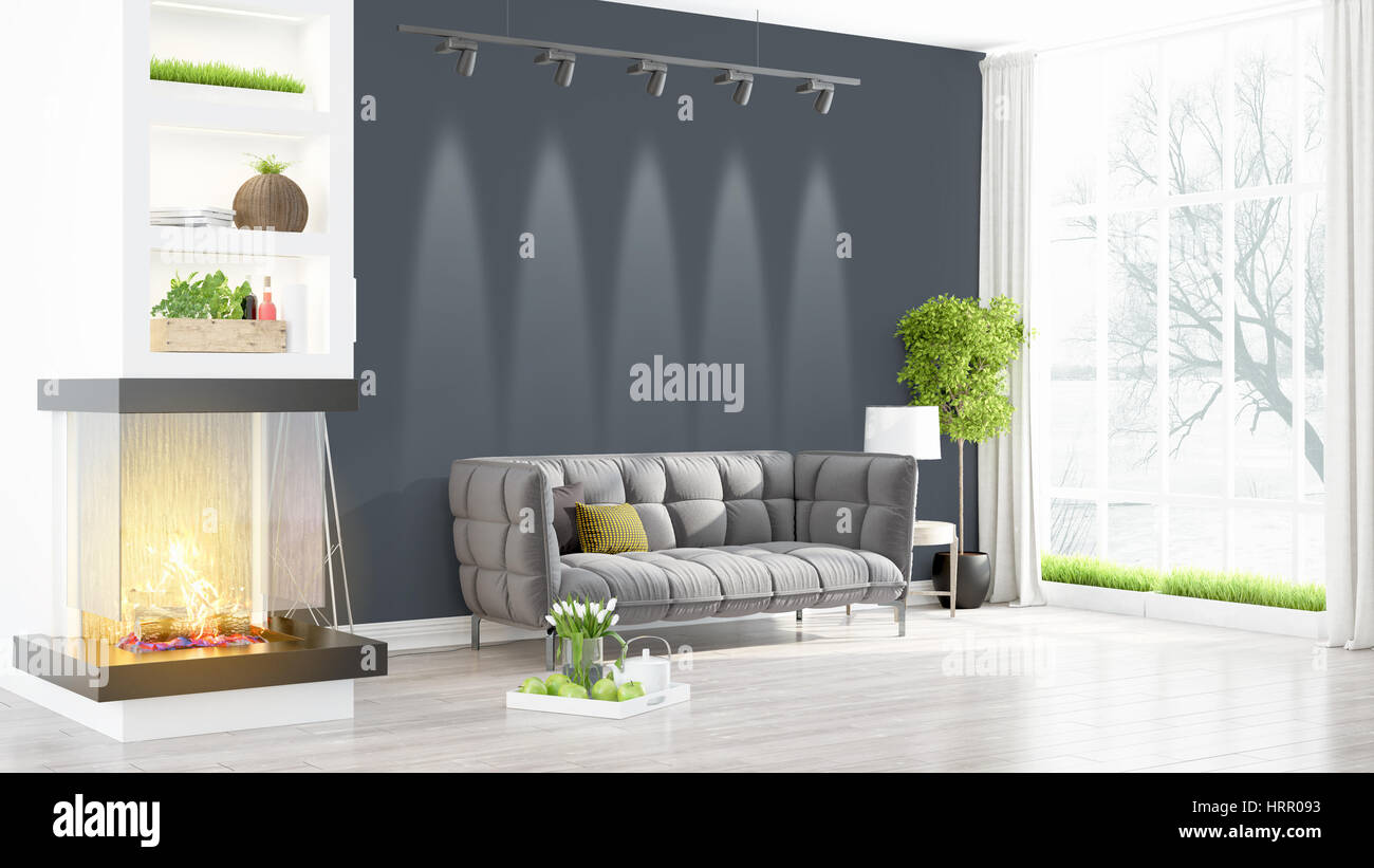 Beautiful modern living room interior with fireplace. 3D rendering ...