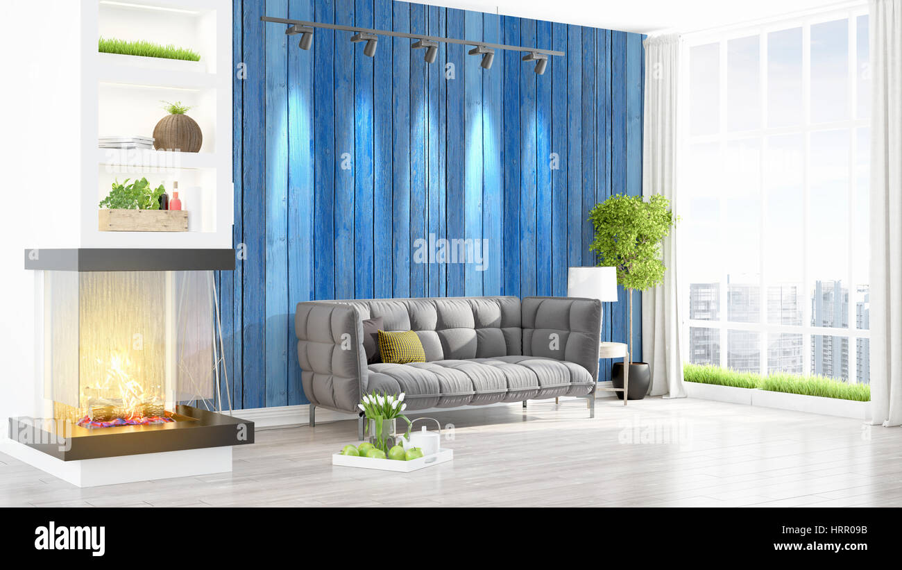 Beautiful modern living room interior with fireplace. 3D rendering ...
