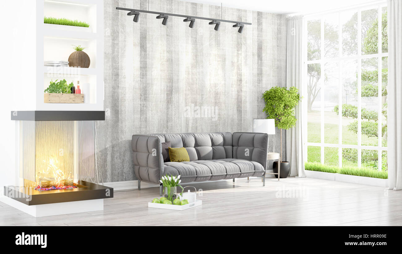 Beautiful modern living room interior with fireplace. 3D rendering ...