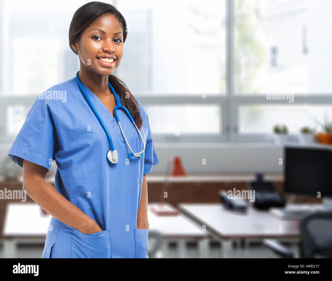 Black nurse isolated at the hospital Stock Photo