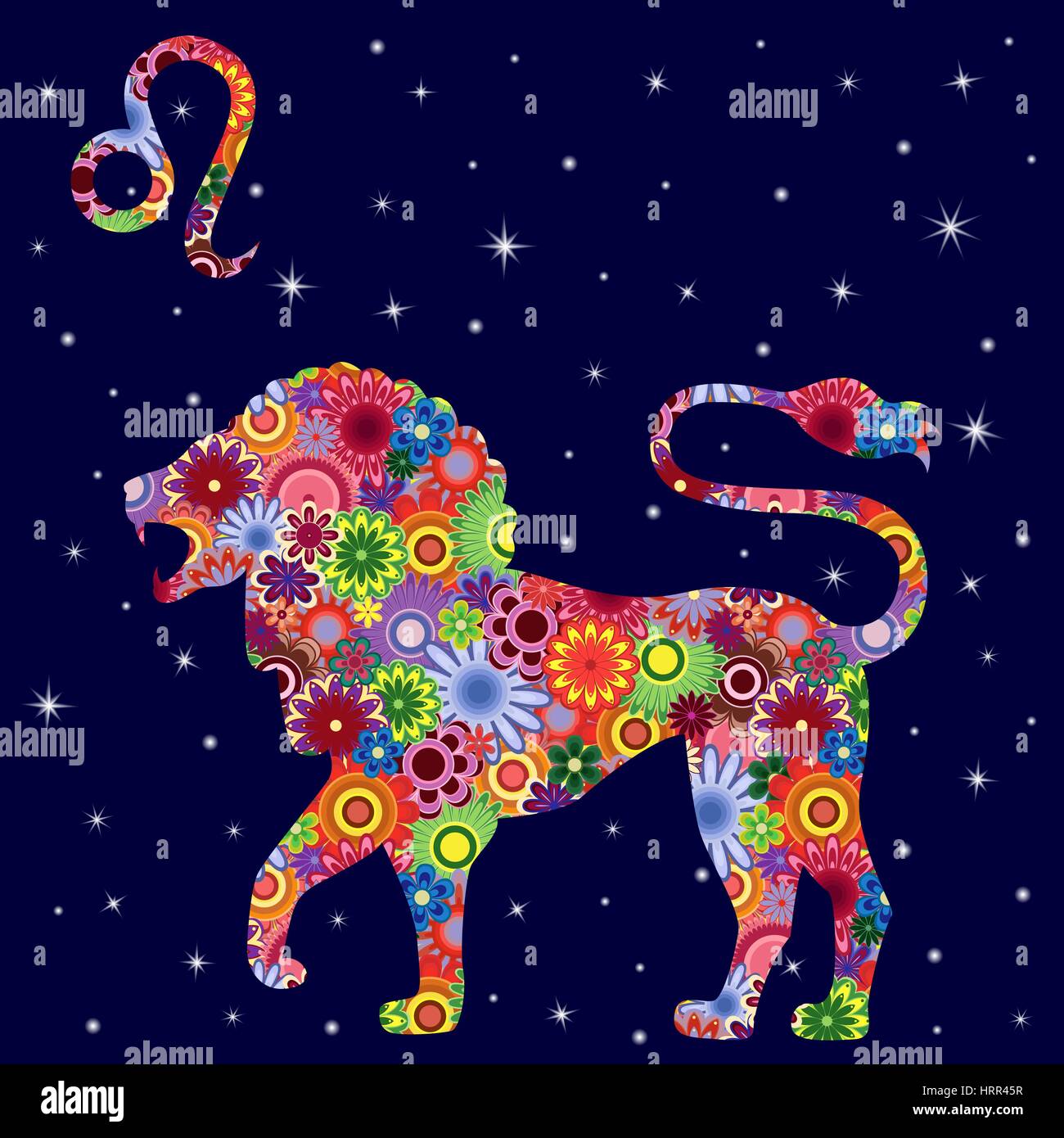 Zodiac sign Leo with colorful flowers fill on a background of the dark