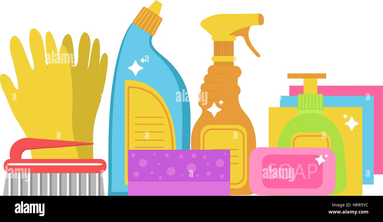 Cleaning supplies, cleaning tools set. Household chemicals. Vector illustration. Stock Vector