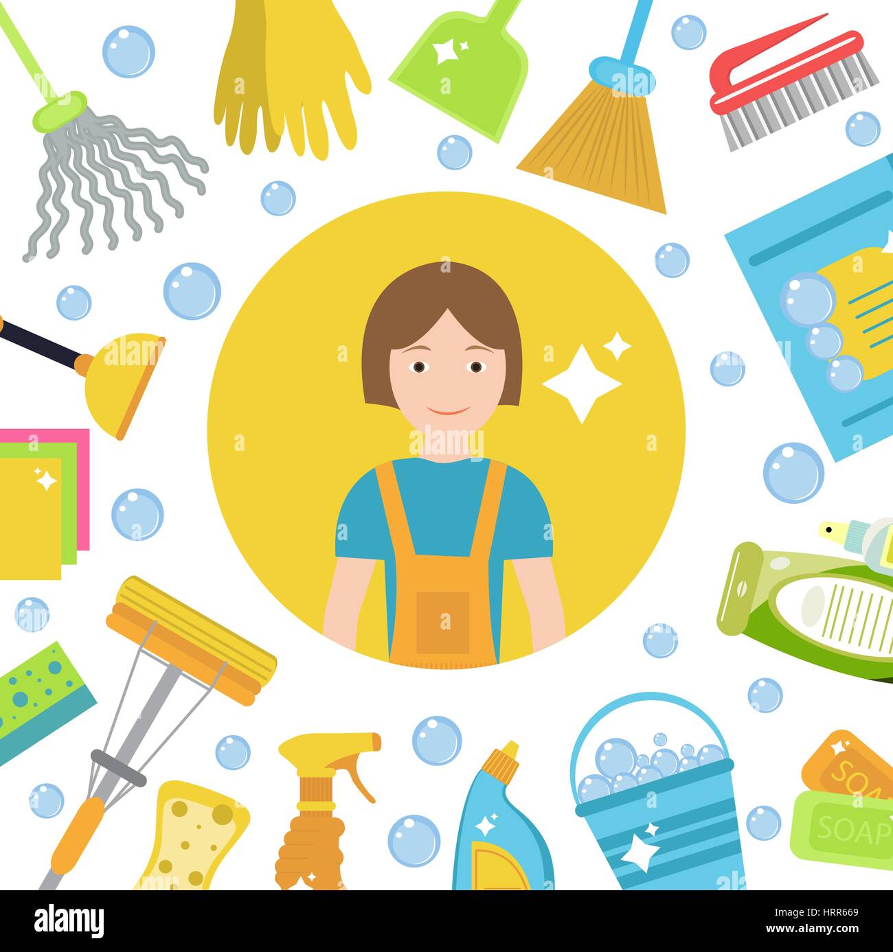 Set of icons for cleaning tools. House cleaning staff. Flat design style. Cleaning design elements. Vector illustration Stock Vector