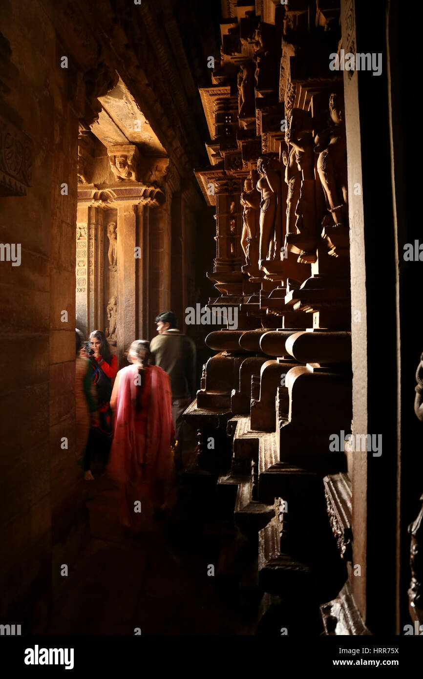 Interior of ancient 10th Century Hindu temple at Khajuraho, Madhya Pradesh, India Stock Photo