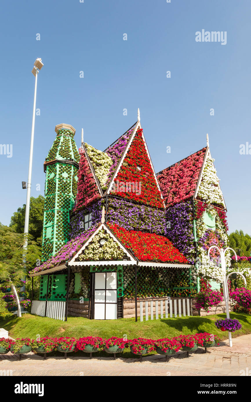 DUBAI, UAE NOV 27, 2016 House made of flowers at the Miracle Garden