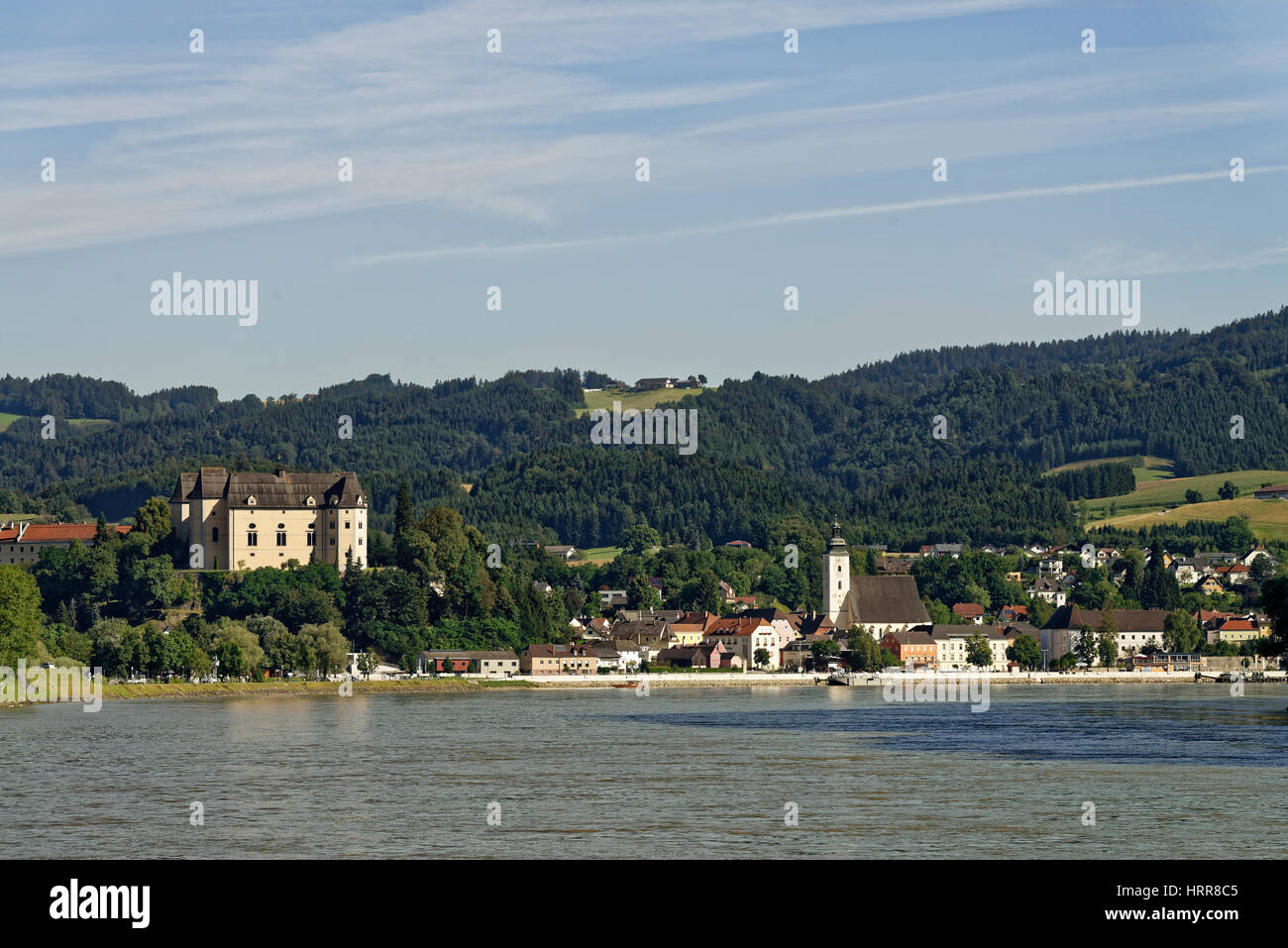 Castle Greinburg, Parish Church of St. Ägidius, Grein on river Donau, Mühlviertel, Upper Austria, Austria Stock Photo