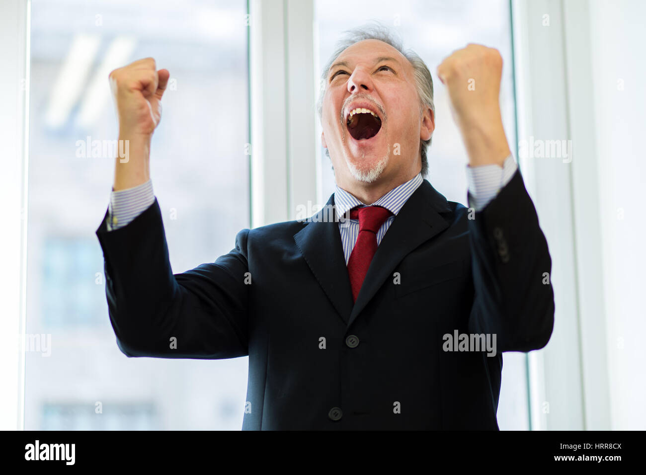 Happy businessman with his arms raised Stock Photo - Alamy