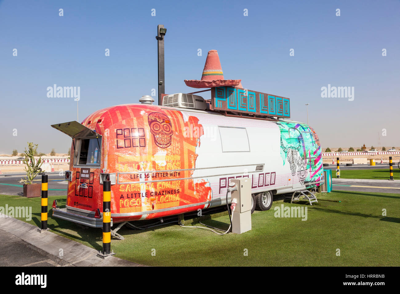DUBAI, UAE - NOV 27, 2016: Airstream caravan converted to a food truck at the Last Exit food trucks park on the E11 highway between Abu Dhabi and Duba Stock Photo