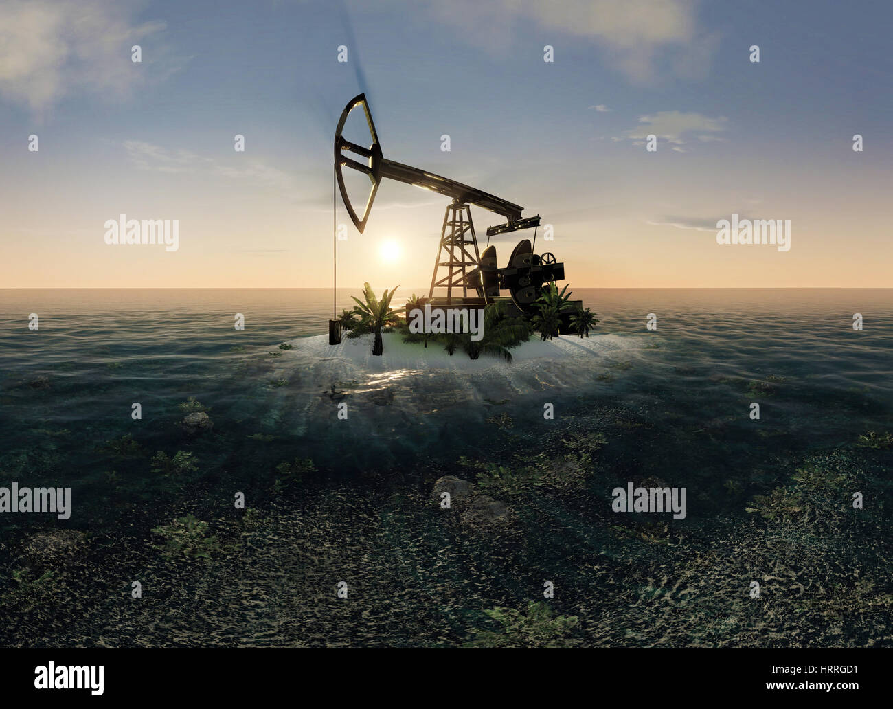 Island in the ocean and the oil pump Stock Photo Alamy
