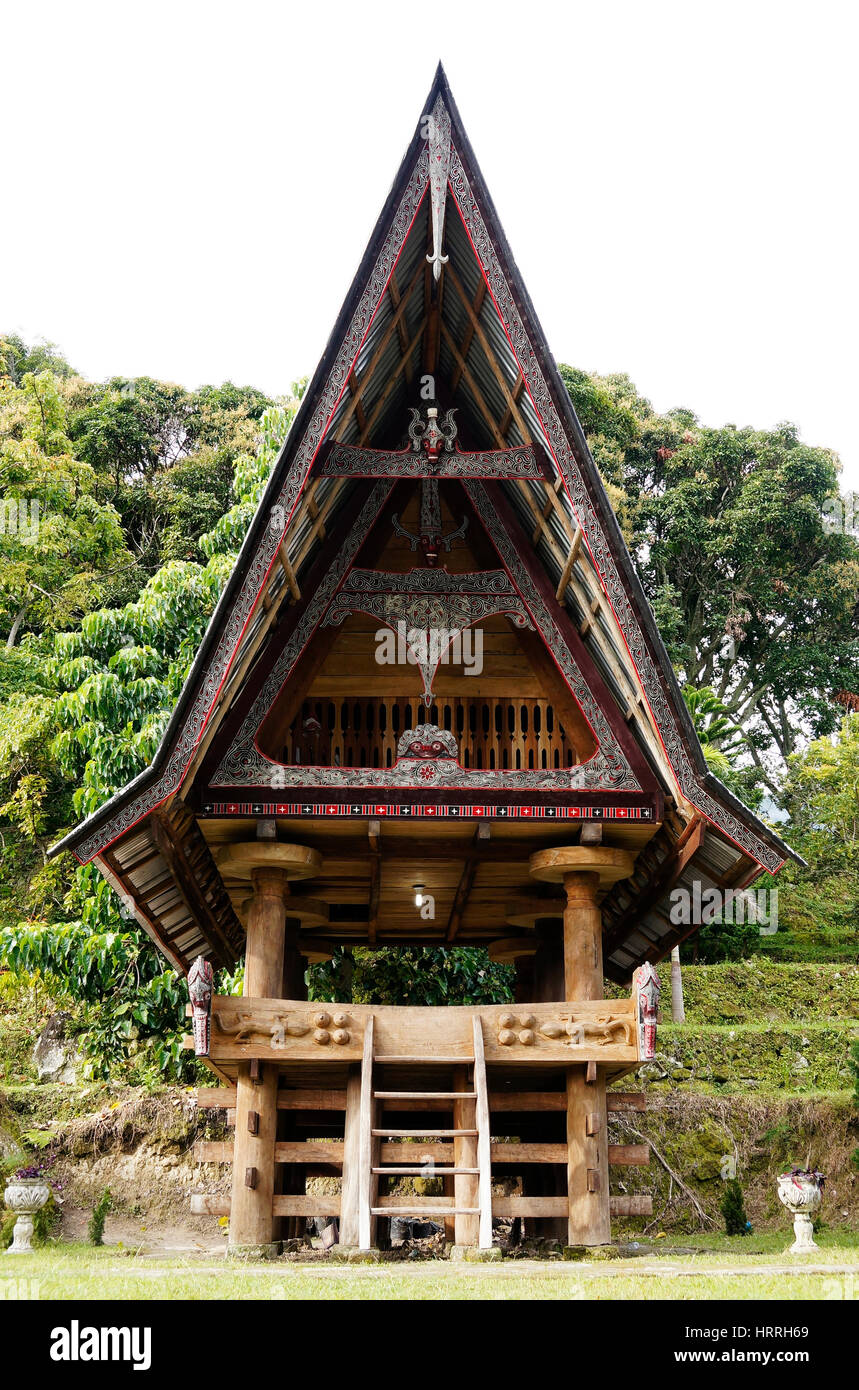 Front of a house at an old Batak village in Sumatra Samosir Island in the afternoon, Indonesia. Stock Photo