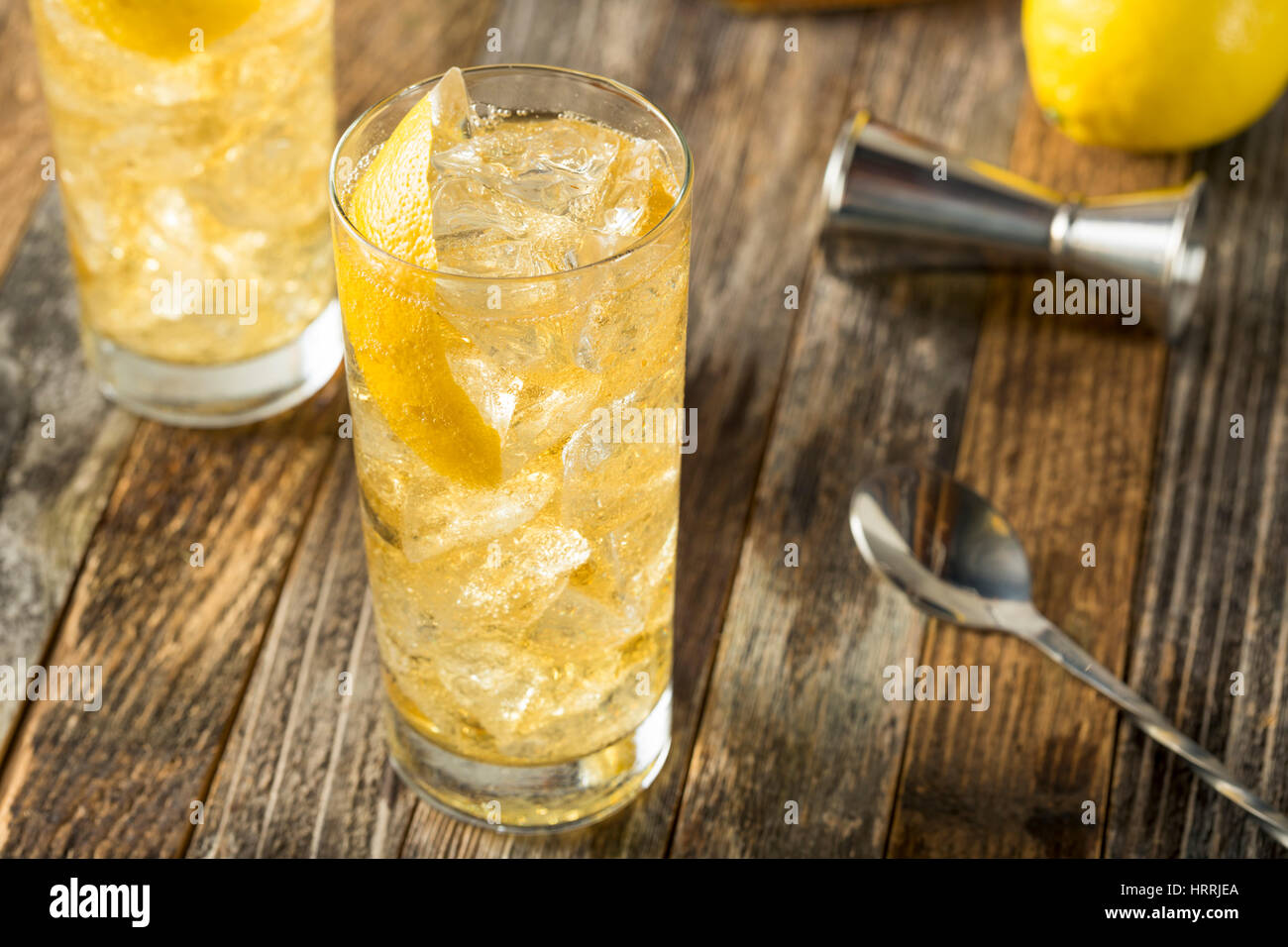 Homemade Whiskey Highball with Soda Water and Lemon Stock Photo