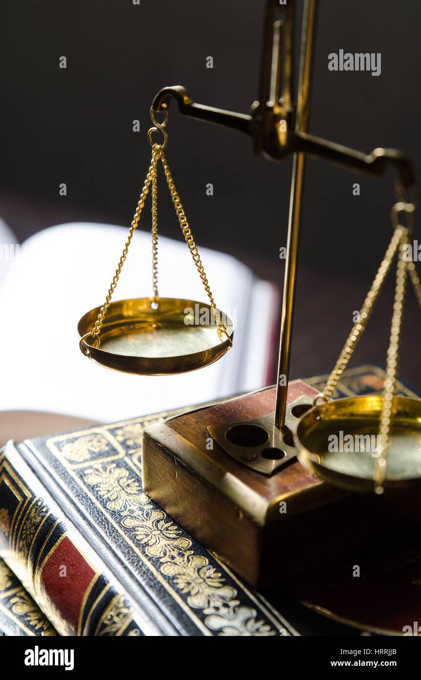 Weight scale and books. Scales of Justice and law concept Stock Photo