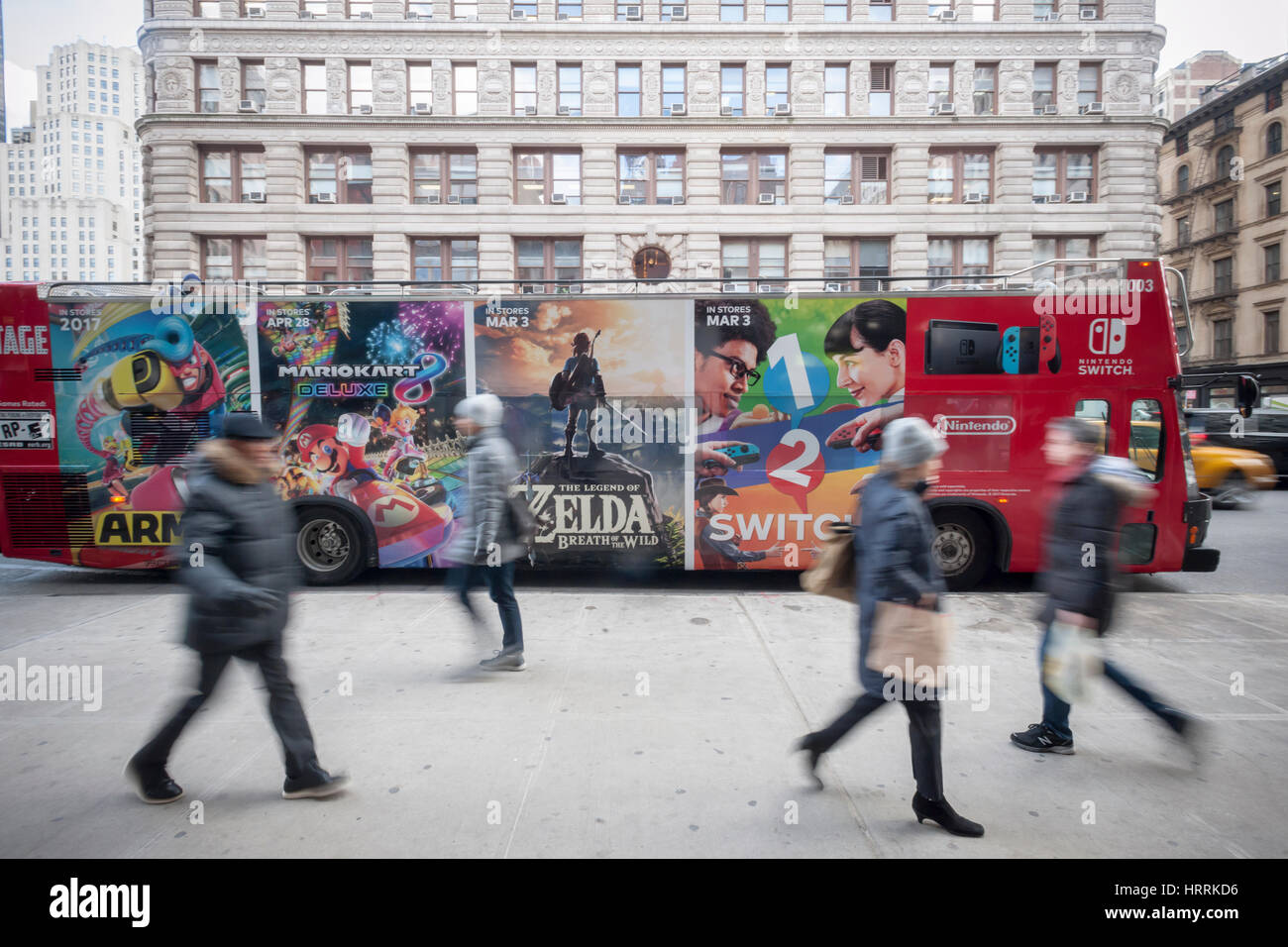 A bus advertising the Nintendo outside of Nintendo Switch event in Flatiron Plaza in New York on the launch day the new Switch console on Friday, March 3,