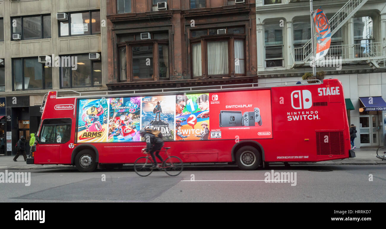 A bus advertising the Nintendo outside of Nintendo Switch event in Flatiron Plaza in New York on the launch day the new Switch console on Friday, March 3,