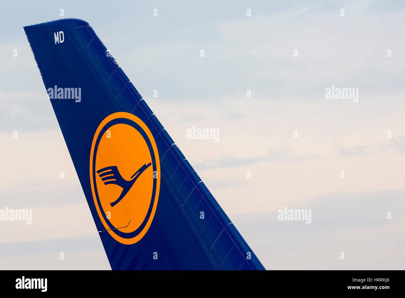 Sofia, Bulgaria - October 16, 2016: Largest passenger aircraft Airbus A380 tail wing is seen on Sofia's airport track after landing. Lufthansa logo. Stock Photo