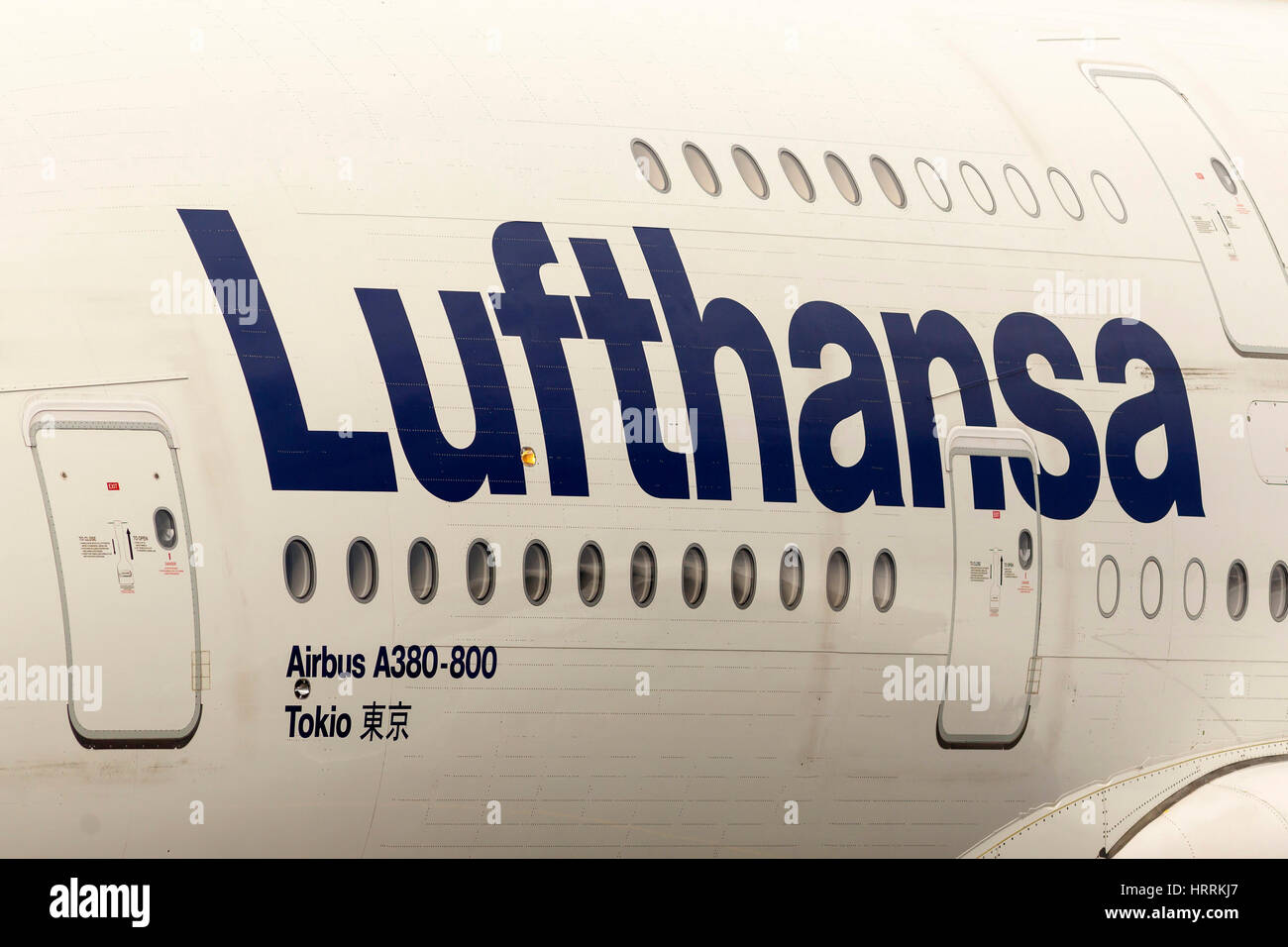 Sofia, Bulgaria - October 16, 2016: Largest passenger aircraft Airbus A380 is seen on Sofia's airport track after landing. Lufthansa logo. Stock Photo