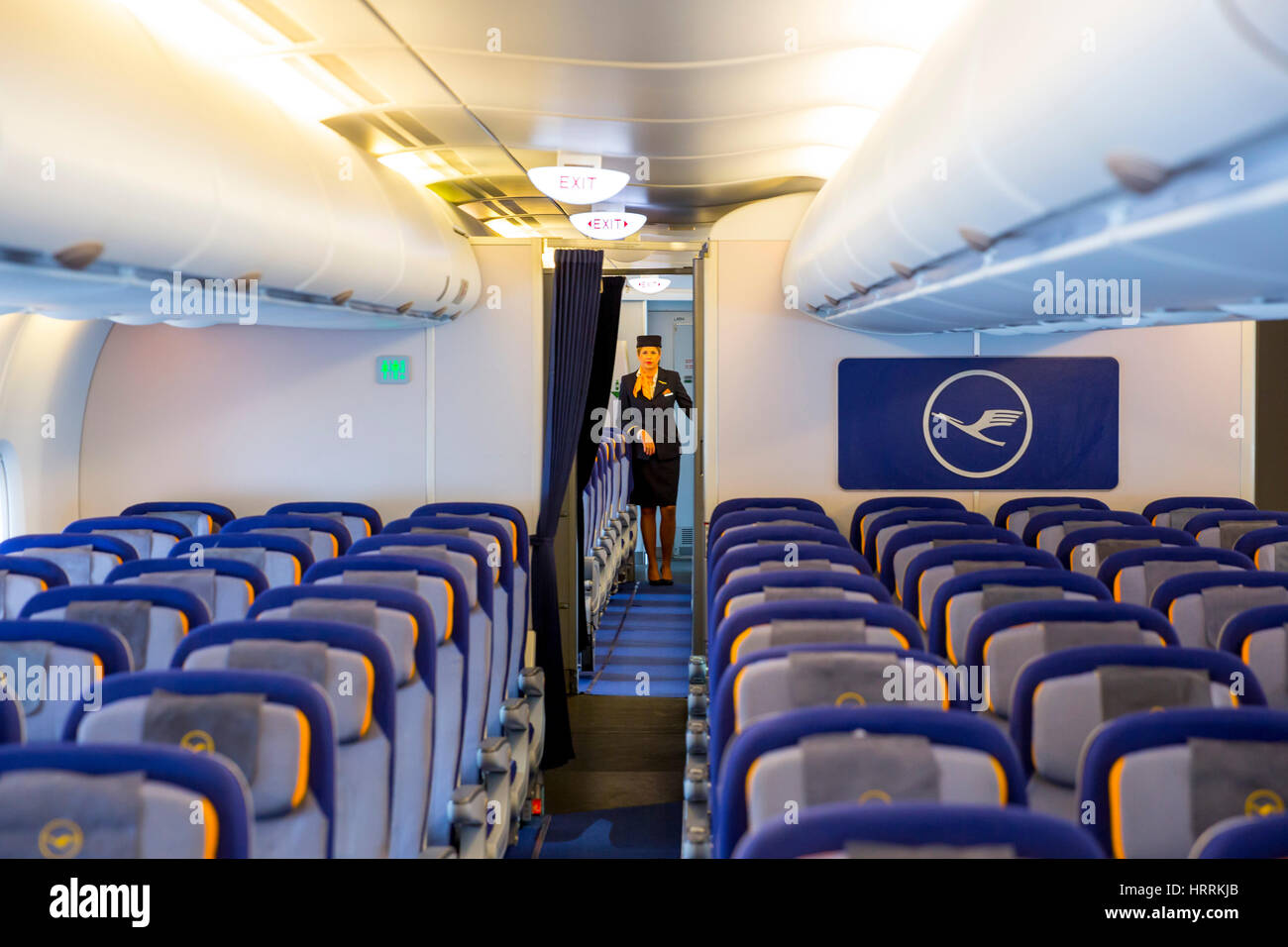 Sofia, Bulgaria - October 16, 2016: The inside of Lufthansa Airbus A380 airplane. The Airbus A380 is a double-deck, wide-body, four-engine jet airline Stock Photo