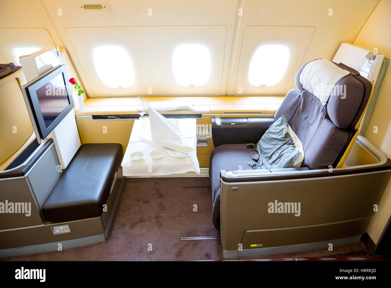 Sofia, Bulgaria - October 16, 2016: The inside of Lufthansa Airbus A380 airplane. The Airbus A380 is a double-deck, wide-body, four-engine jet airline Stock Photo
