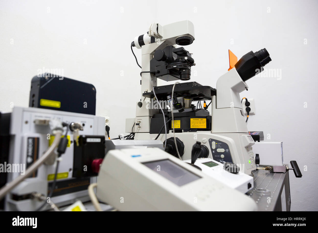 Modern microscope equipment in a microbiology research laboratory. New technology for scientists