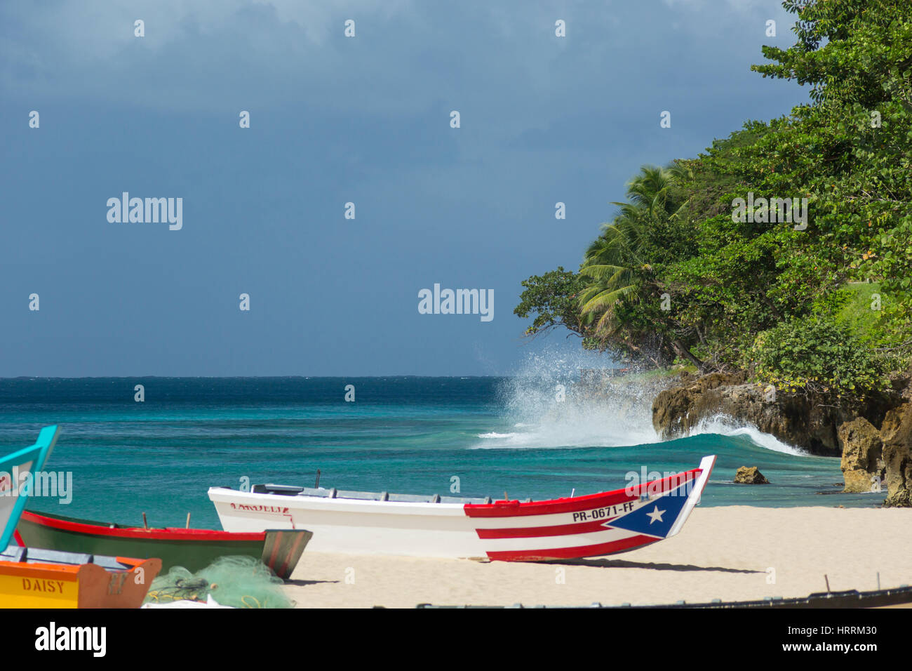 BRIGHTLY PAINTED YOLA FISHING BOATS CRASH BOAT BEACH AGUADILLA PUERTO