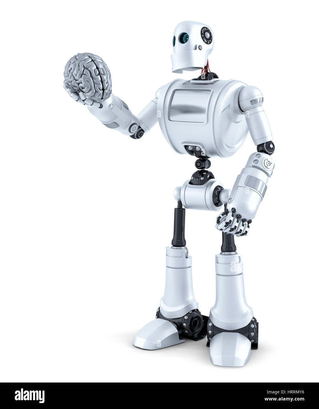 Robot holds a human brain in his hand. Isolated over white. Contains clipping path Stock Photo