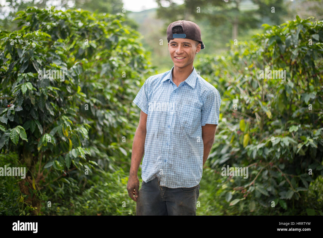 A coffee worker poses for a photograph on a coffee farm in Aquires