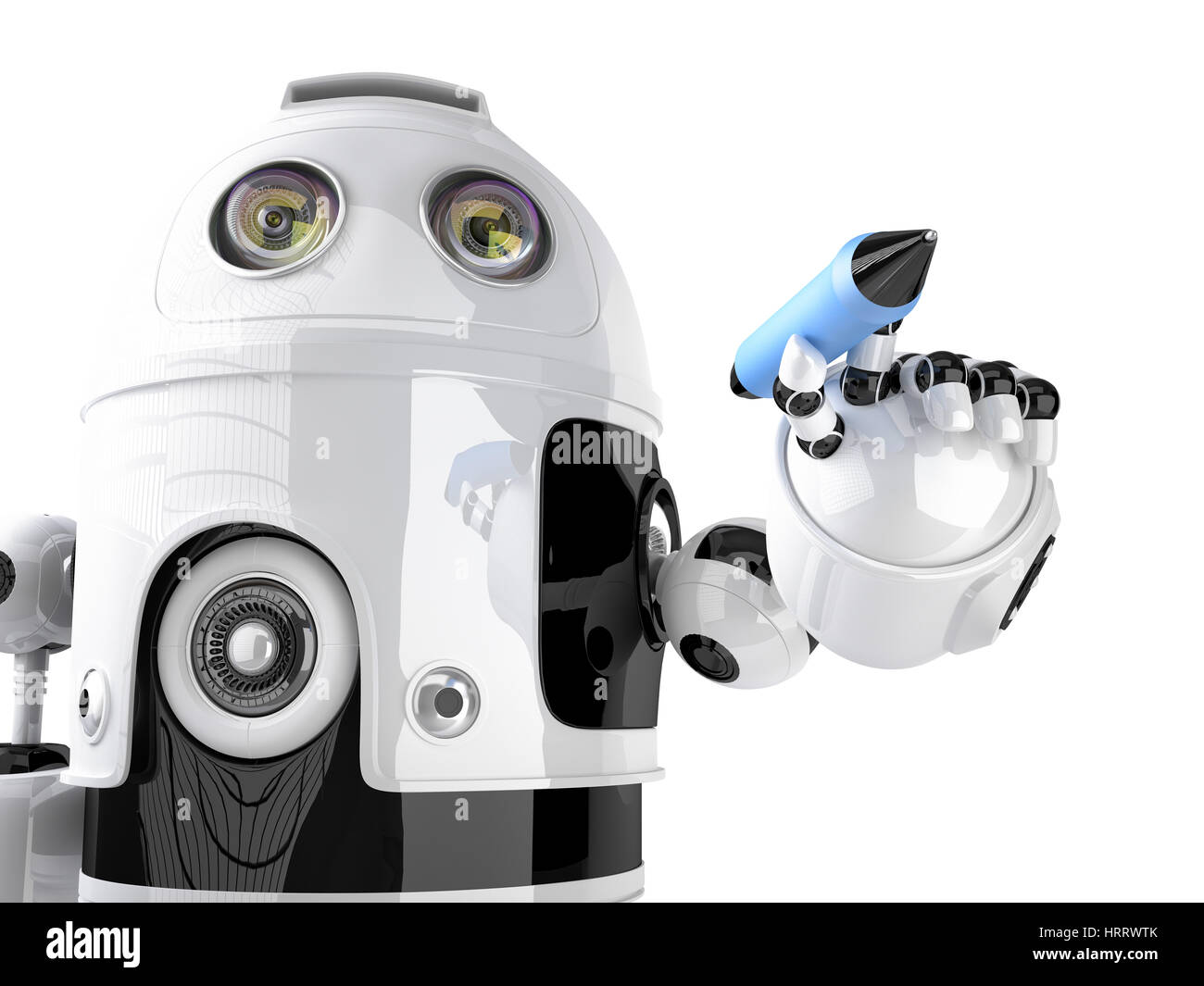 Robot writing on invisible screen. Isolated on white. Contains clipping ...