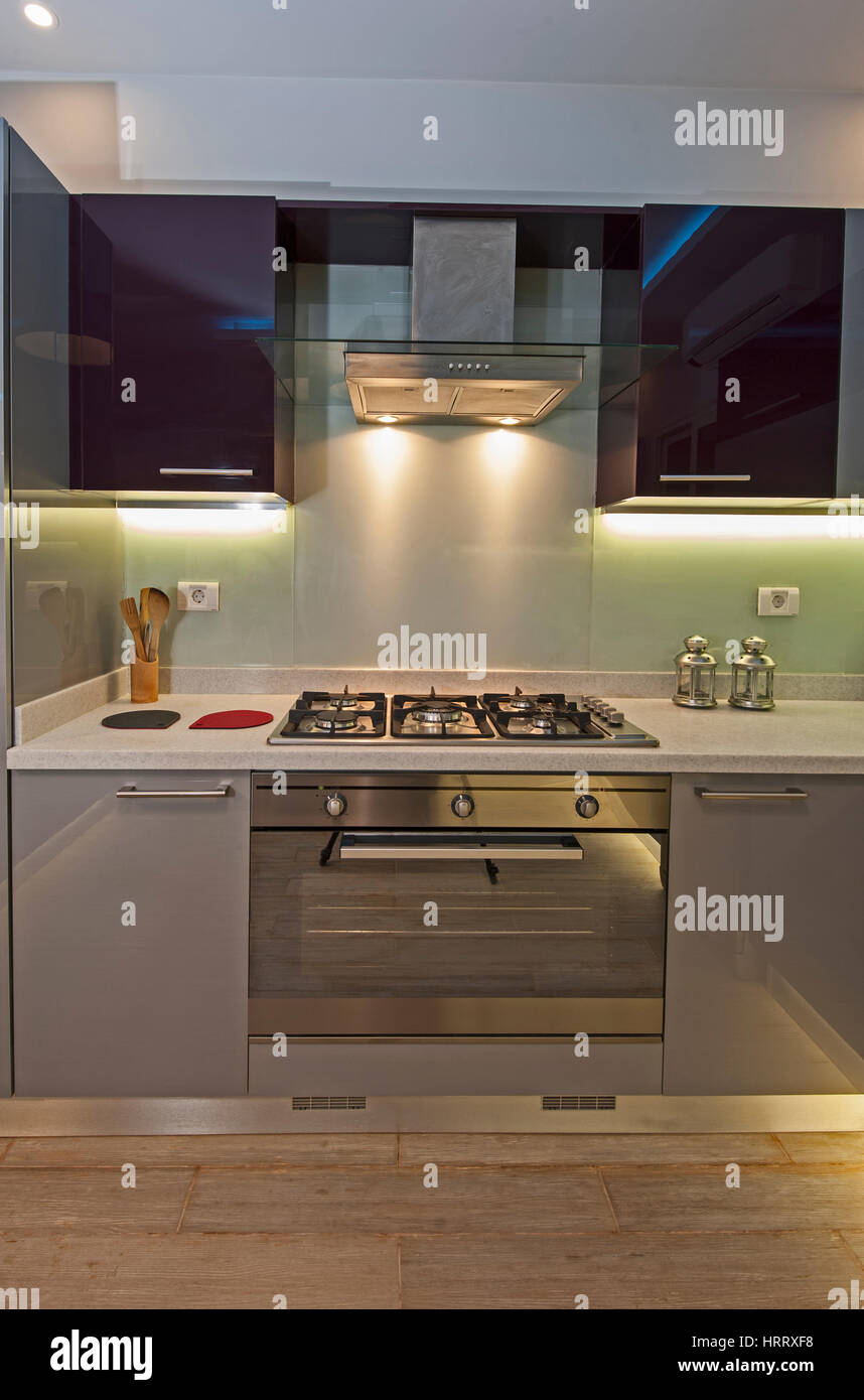 Interior design decor showing modern kitchen and appliances in luxury apartment showroom Stock Photo