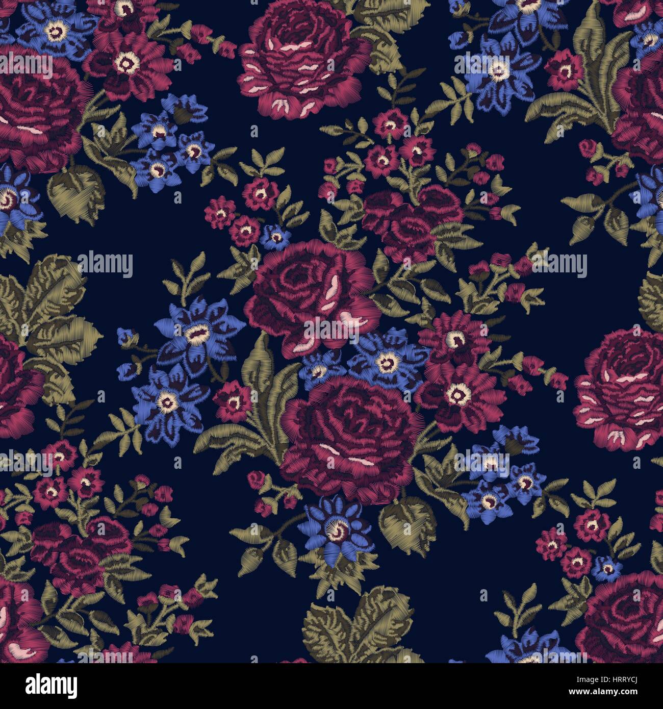 Seamless embroidered floral pattern. Luxurious roses, vintage colors on dark blue background. Stock Vector