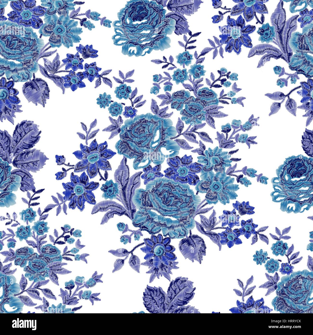 Seamless embroidered floral pattern. Luxurious roses, vintage blue tones. Stock Vector