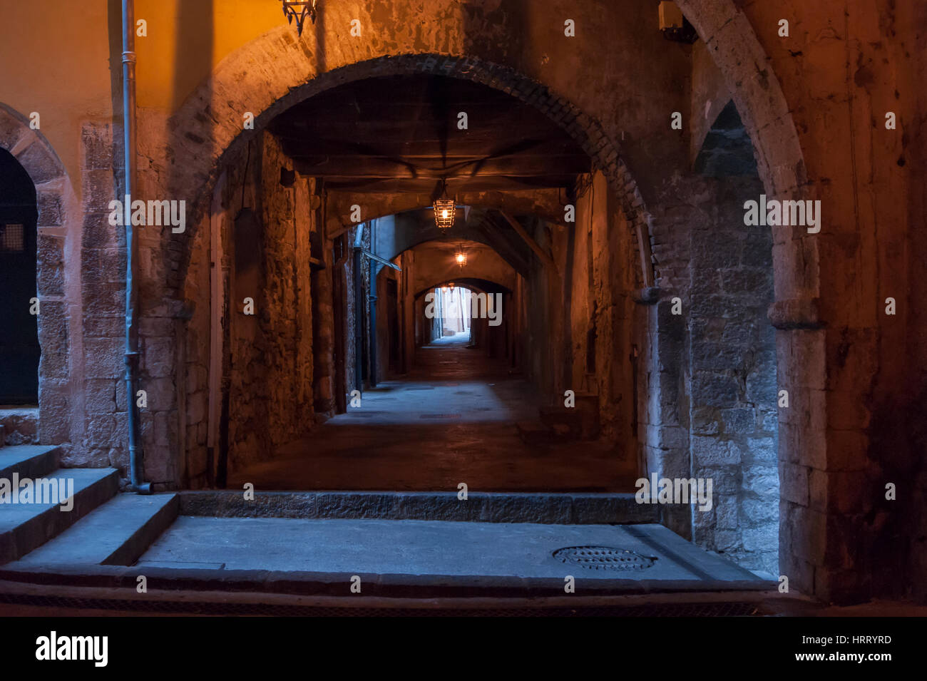 View of the medieval Rue Obscure (Dark Street) a listed historical monument in the medieval  heart of Villefranche-sur-Mer, Provence, French Riviera Stock Photo