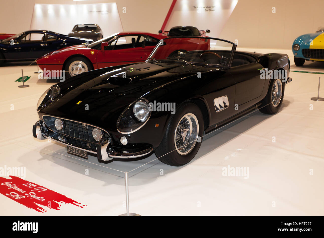 Three-quarter  view  of a Ferrari 250 GT  California Spyder SWB,  part of the Ferrari Tribute Collection at the London Classic  Car Show 2017 Stock Photo