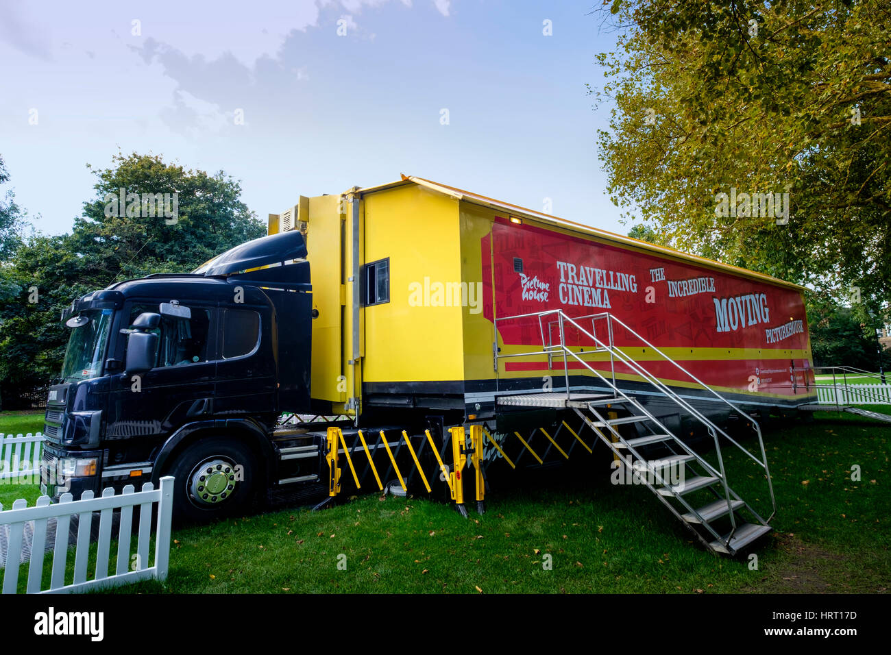 Travelling Cinema in an articulated lorry. The incredible Moving Picturehouse parked on Ealing Green London Stock Photo