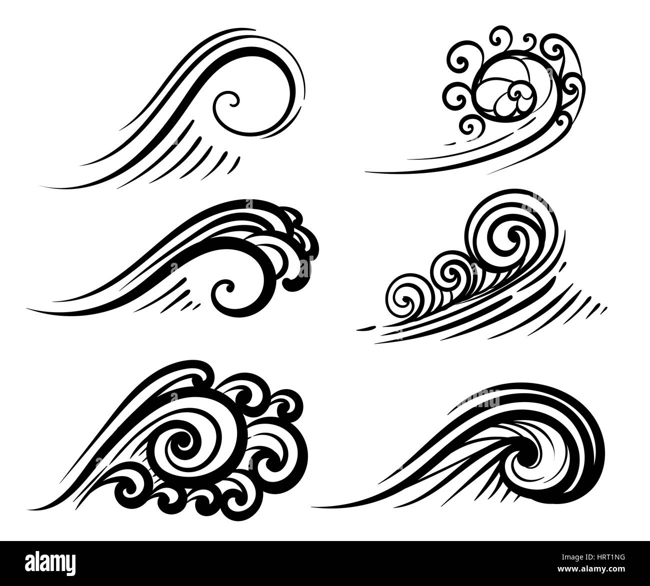 Wave collection Ocean or sea waves, surf and splashes set curling Water Design Elements vector illustration isolated on white. Stock Vector
