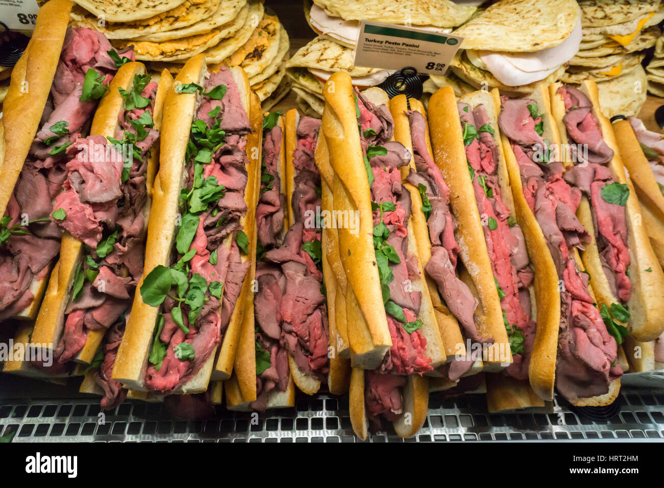 Roast beef sandwiches in the new Whole Foods Market in Newark, NJ on opening day Wednesday, March 1, 2017. The store is the chain's 17th store to open in New Jersey. The 29,000 square foot store located in the redeveloped former Hahne & Co. department store building is seen as a harbinger of the revitalization of Newark which never fully recovered from the riots in the 1960's.  (© Richard B. Levine) Stock Photo