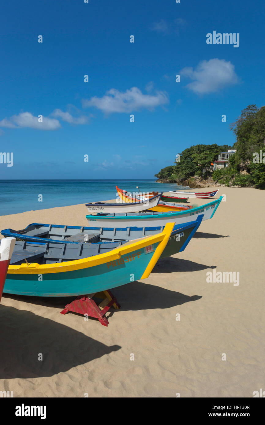 ROW OF BRIGHTLY PAINTED YOLA FISHING BOATS CRASH BOAT BEACH AGUADILLA