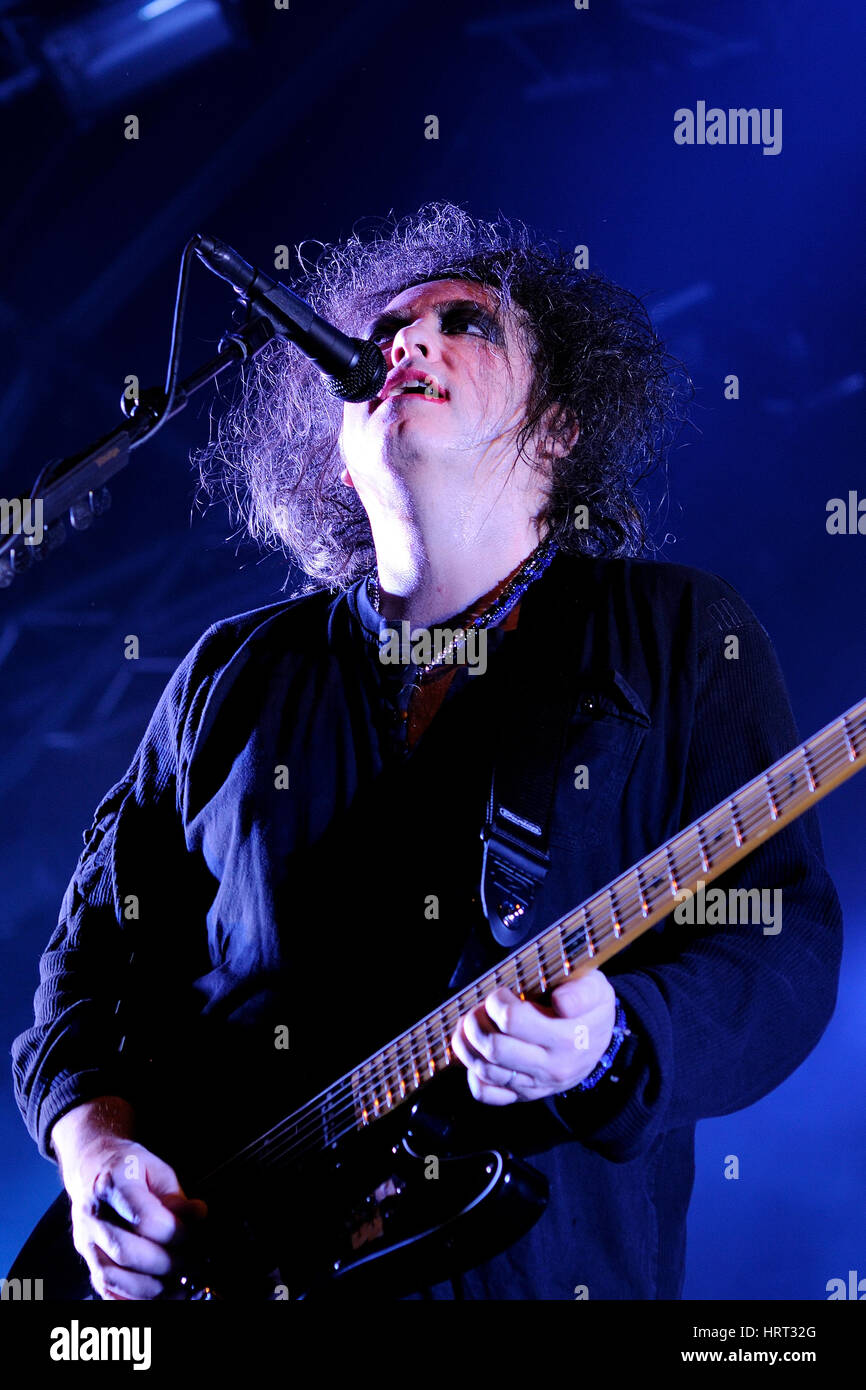 BARCELONA - JUN 1: Robert Smith, singer of The Cure band, performs at San Miguel Primavera Sound Festival on June 1, 2012 in Barcelona, Spain. Stock Photo