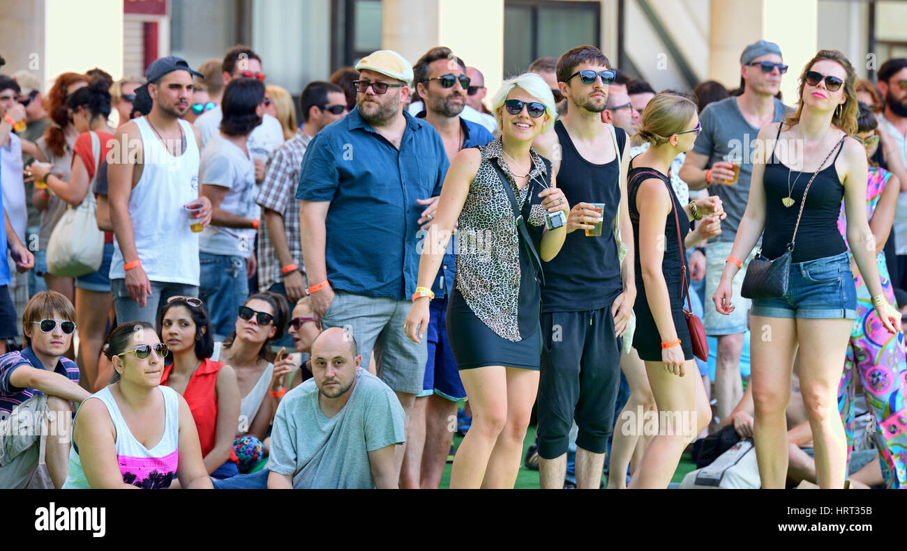BARCELONA - JUN 12: Audience at Sonar Festival on June 12, 2014 in Barcelona, Spain. Stock Photo