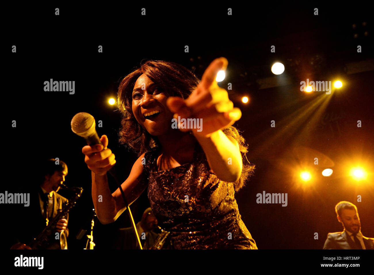BARCELONA - JAN 9: The Excitements (soul band) performs at Apolo venue on January 9, 2015 in Barcelona, Spain. Stock Photo