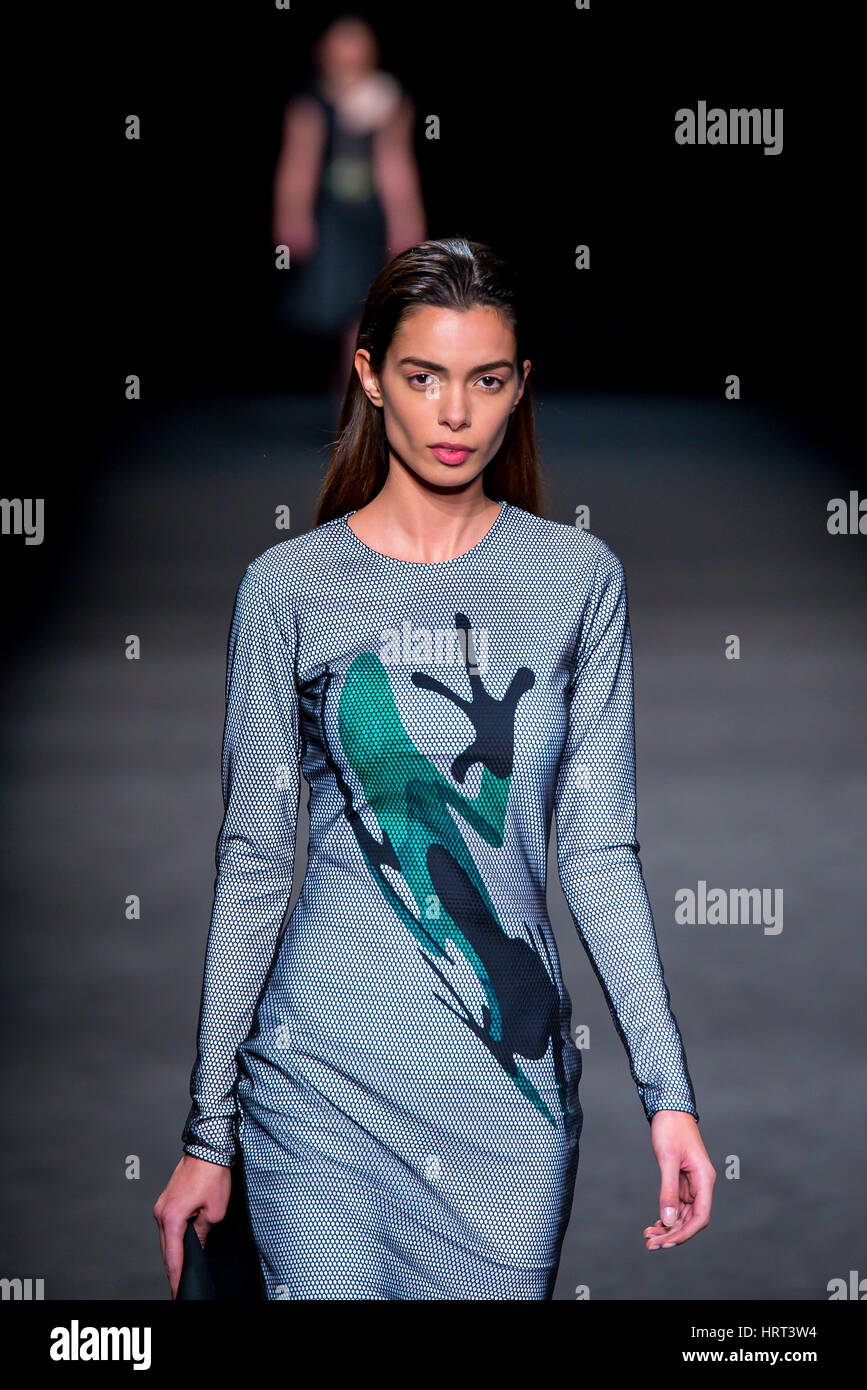 BARCELONA - FEB 4: Joana Sanz (model) walks the runway for the Page collection at the 080 Barcelona Fashion Week 2015 Fall Winter on February 4, 2015  Stock Photo