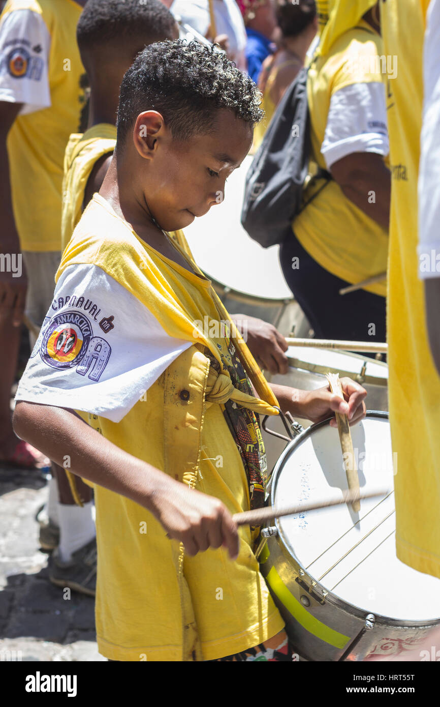 FEBRUARY 9, 2016 - Rio de Janeiro, Brazil - Kids of African descent playing drums during Carnival street parade of Bloco Carmelitas on Santa Teresa ne Stock Photo