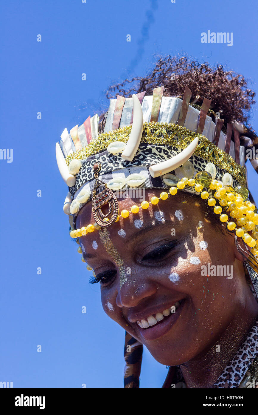 FEBRUARY 9, 2016 - Rio de Janeiro, Brazil - Brazilian woman of African descent in bright costume smiling during Carnaval 2016 street parade Stock Photo