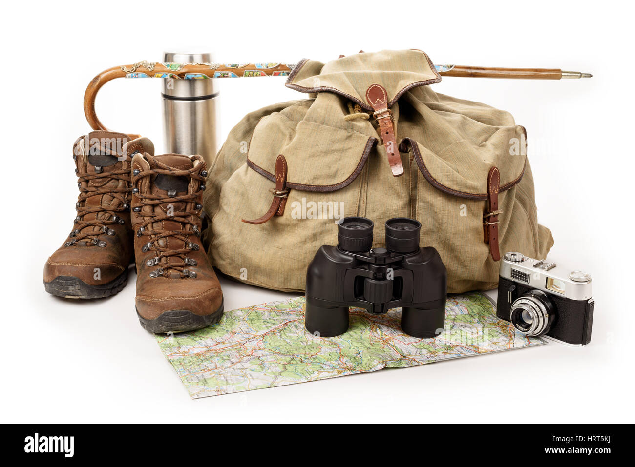 Hiking equipment on white background Stock Photo Alamy